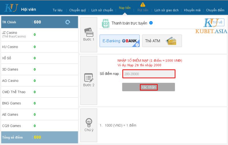 KUcasino nhập số điểm nạp