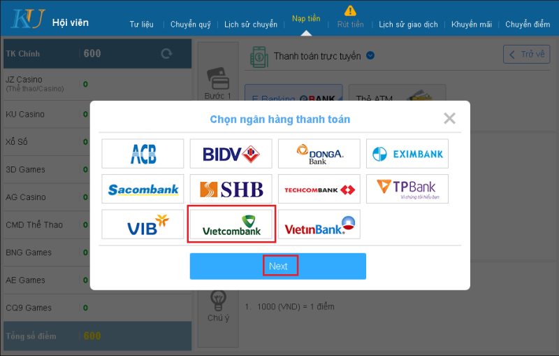 Hướng dẫn nạp tiền KuCasino qua Vietcombank - chọn ngân hàng
