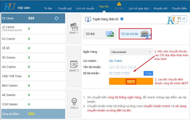 Hướng dẫn nạp tiền KuCasino qua Vietcombank - chọn số tài khoản ngân hàng