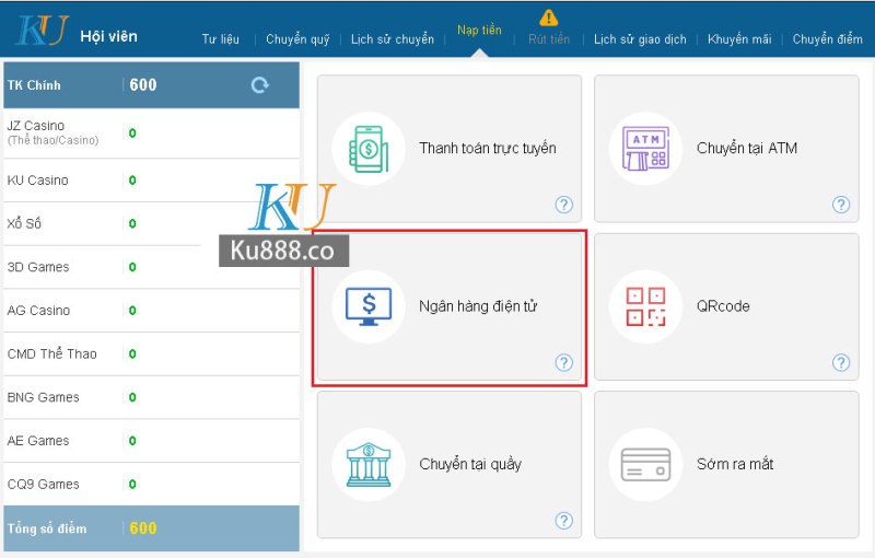 Kucasino chọn ngân hàng điện tử