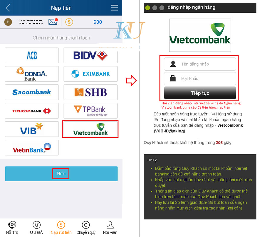 Hướng dẫn nạp tiền KuCasino qua Vietcombank - nhập thông tin internet banking