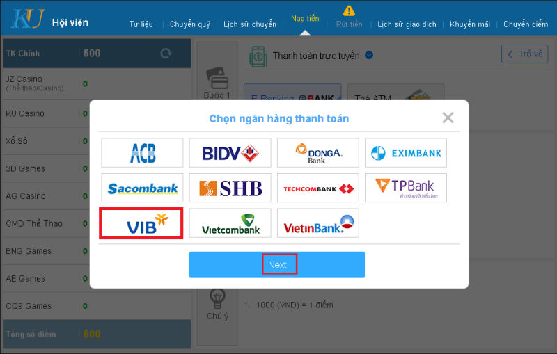Ku Casino chọn ngân hàng