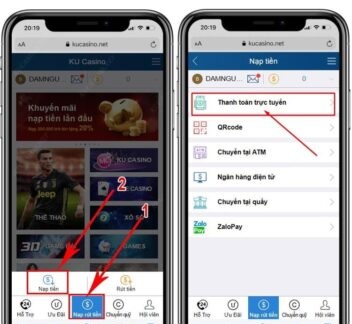 Vào khu nạp tiền chọn Thanh toán trực tuyến kubet