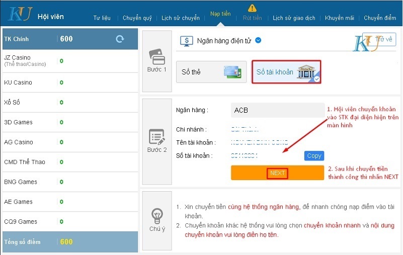 Hướng dẫn nạp tiền ngân hàng ACB kubet777