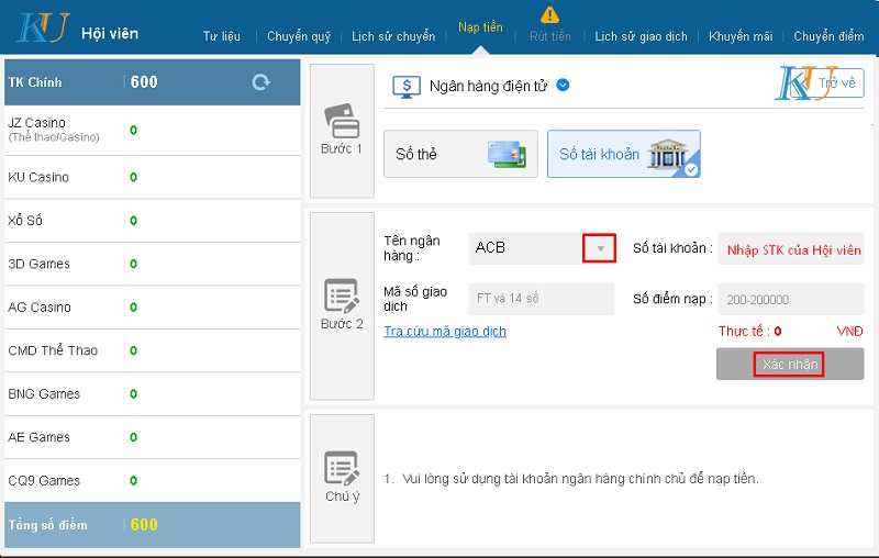 Hướng dẫn nạp tiền ngân hàng ACB kubet777